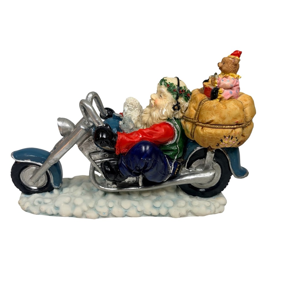 Vintage Santa Claus on Motorcycle Resin Figurine Blue Biker‎ Santa Holiday MCM